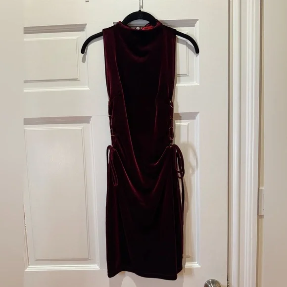 Deep Red Velvet Dress with Gold Side Ties - Picture 6 of 9